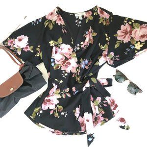 Monteau Floral Wrap Blouse with Tie Front in Black